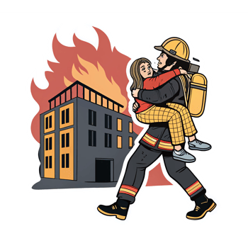 Brave Firefighter Rescues Woman from Burning Building Art with Transparent Background png