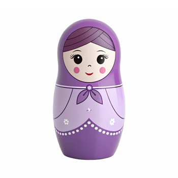 Cute Purple Matryoshka Doll with Cheerful Expression and Floral Design on Transparent Background png