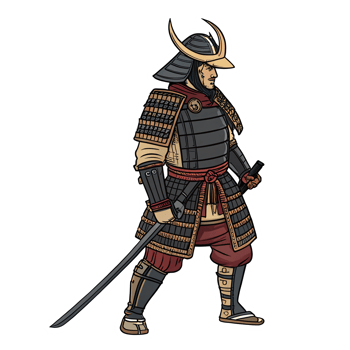 Samurai Warrior Illustration with Sword in Traditional Armor on Transparent Background png