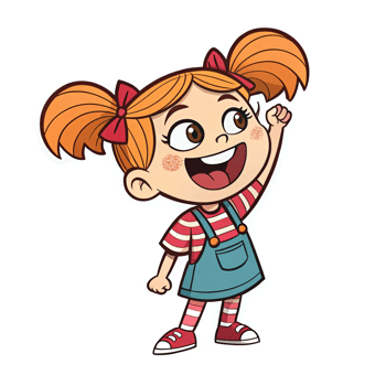 Cheerful Cartoon Girl with Pigtails Raising Fist in Excitement png