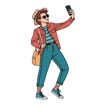 Fashionable Young Man Taking Selfie with Smartphone in Trendy Outfit on Transparent Background png