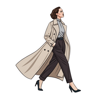 Elegant Woman Walking in a Stylish Trench Coat Fashionable Outfit with High Heels png