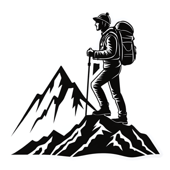 Hiker Standing on Mountain Summit with Backpack in Monochrome Style for Adventure Themes png