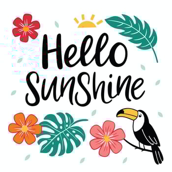 Tropical Summer Hello Sunshine Greeting Card with Toucan Bird Flowers and Leaves Illustration vector