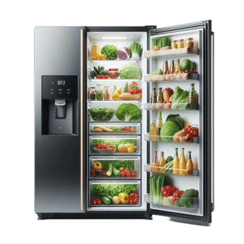 Open Modern Refrigerator with Organized Food Inside png
