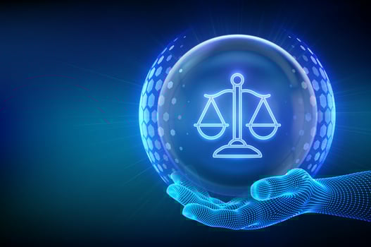 Labor law, Lawyer, Attorney at law, Legal advice. Justice icon inside transparent protection sphere shield with hexagon pattern in hand. Internet law as online legal services. Illustration. vector