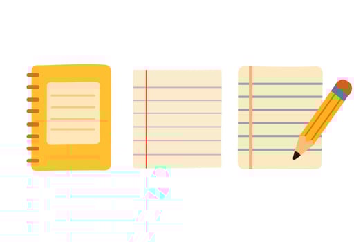 Flat set of notebook, ruled paper sheets and pencil. Cartoon illustration for school and education design. vector