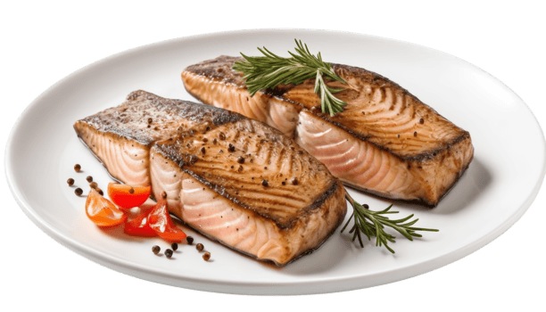 Two pieces of grilled salmon on a white plate, garnished with herbs. Ideal for culinary themes, healthy meals, or seafood recipes. png
