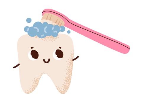 Cute tooth character with a toothbrush. Concept for dental hygiene, kid oral care, and dental health. Flat illustration. vector