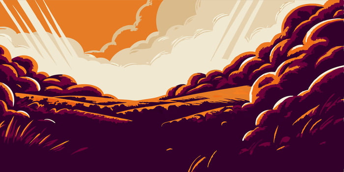 Sunset Landscape, Hills, Clouds, Art vector