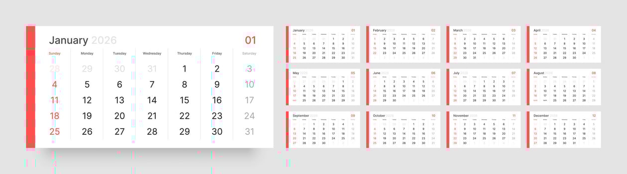 Monthly calendar layout for 2026 year. Quarterly calendar for 2026 year. Week Starts on Sunday. Calendar Set for 2026 year. vector