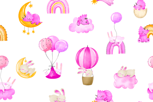 Newborn bunny, rabbit, dinosaurs sleep in sky on cloud, rainbow and fly in sky. Baby girl pink seamless pattern. Repeated background for kids. Baby dreaming, infant design png