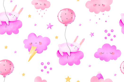 Baby bunny sleep on cloud and fly on air balloon. Hand drawn watercolor seamless pattern for newborn girl. Girly pink background png