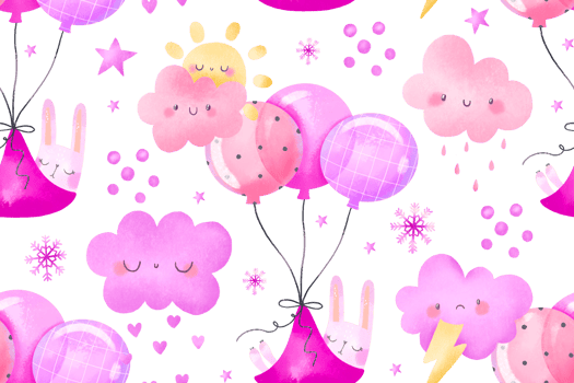 Newborn Baby bunny sleep and fly on air balloon. Hand drawn watercolor seamless pattern for newborn girl. Girly pink background. Fly in the sky. Dreaming png