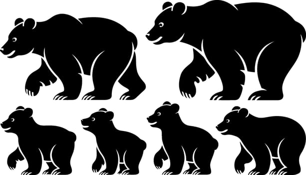 Bear Silhouette Collection Adult and Cub Black and White Illustrations vector