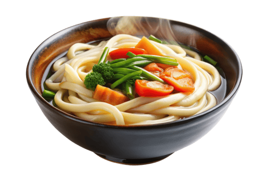 Steaming bowl of Japanese udon noodle soup with vegetables isolated on a transparent background png