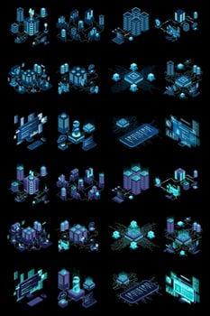 Large set of isometric modern technology concept for cloud computing, datacenter, database, artificial intelligence, and blockchain technology. Isometric technology, vector