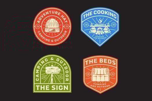 beanie hat, campfire cooking, signboard, traditional stove, signpost, bonfire, bale fire retro badge logo design collection set for adventure, outdoor, camper, explorer, mountaineer and hiker vector