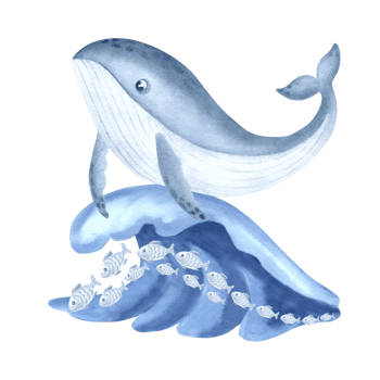 Blue whale and fish on sea wave cute character watercolor illustration for baby design. Undersea wild animal isolated. Hand drawn underwater inhabitant of ocean. Marine mammal in kids cartoon style. png