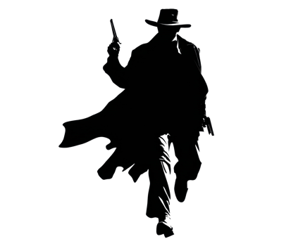 Mysterious cowboy with guns walking confidently in silhouette style png
