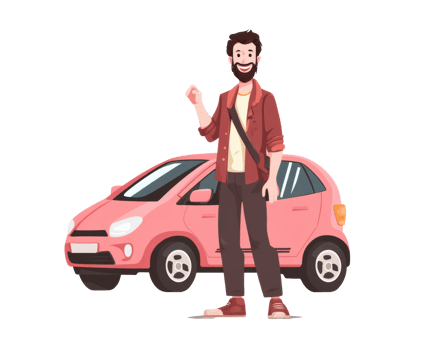 Cheerful man standing next to small pink car in urban setting png