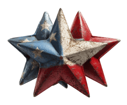 Red, white, and blue vintage metal stars for decoration png