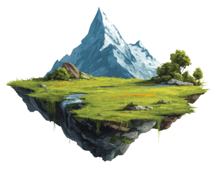 Floating mountain landscape with lush greenery and serene river png
