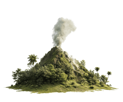 Active volcanic mountain surrounded by lush greenery and palm trees png