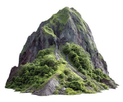 Majestic mountain adorned with lush greenery and rocky terrain png