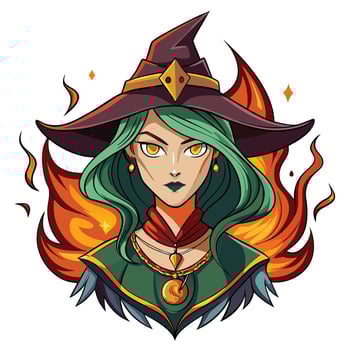 a cartoon witch with green hair and fire in her eyes vector