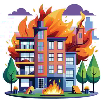 fire and smoke in a building with a fire truck vector
