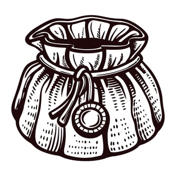 Vintage money bag with drawstring and seal in detailed monochrome vector