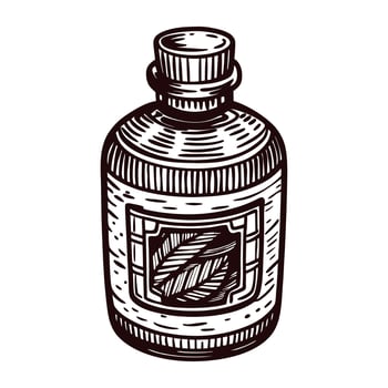 Vintage hand drawn glass bottle with decorative label in monochrome design vector