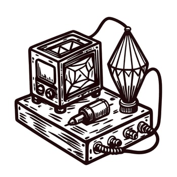 Vintage electronic device with detailed components and cables in monochrome vector