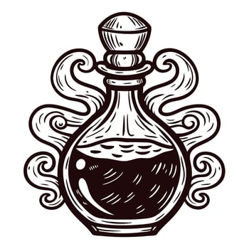 Vintage potion bottle with decorative swirls in black and white design vector