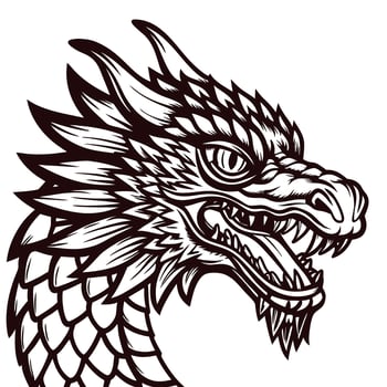 Detailed black and white dragon head with fierce expression vector