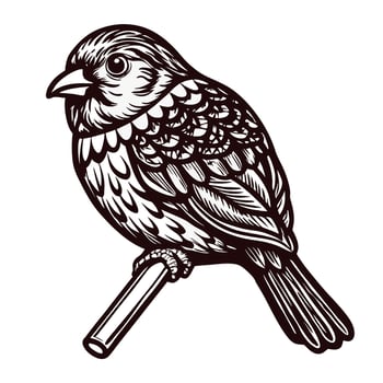 Intricate woodcut sparrow on branch vector