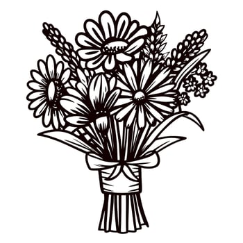 Hand drawn black and white floral bouquet featuring daisies and wheat stalks vector