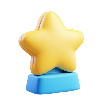 Golden 3d icon star trophy winner sitting on blue pedestal, symbolizing achievement, highlighting success against transparent background png