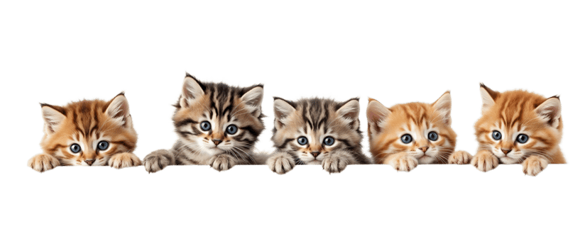 Five adorable kittens fully isolated on a transparent background png