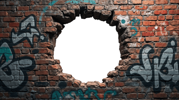 Hole in brick wall with graffiti and transparent center png