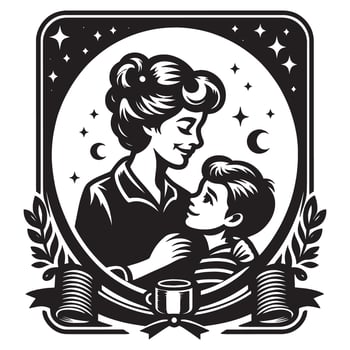 Mother and son illustration in vintage style with stars and moon for family designs and templates silhouette, mothers day vector