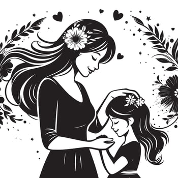 Mother and daughter illustration black and white artwork for mother's day celebration graphic design silhouette vector