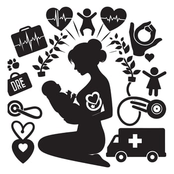 Pregnancy and childbirth illustration with mother and baby silhouette black and white, mothers day vector