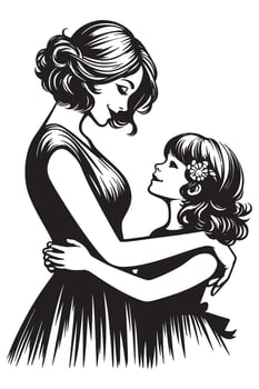 Mother daughter embrace illustration art drawing design graphic love family happy together black white silhouette, mothers day vector