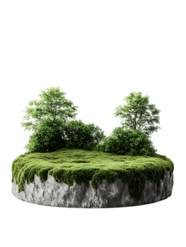 A miniature island ecosystem thrives, showcasing lush green moss, vibrant shrubs, and two small deciduous trees on a stone base, isolated on transparent background png