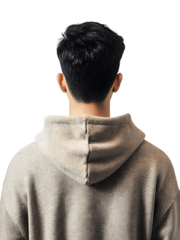 man dressed in a neutral-toned hoodie, viewed from behind, offering a sense of mystery and introspection. The focus is on the textures of the hoodie and hair. isolated on transparent background png