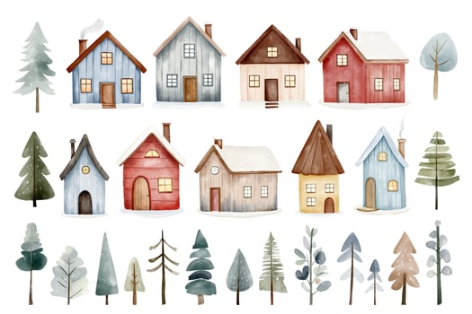 Set of watercolor scandinavian houses and trees. Cute fairy northern houses. Hand drawn childlike illustration vector