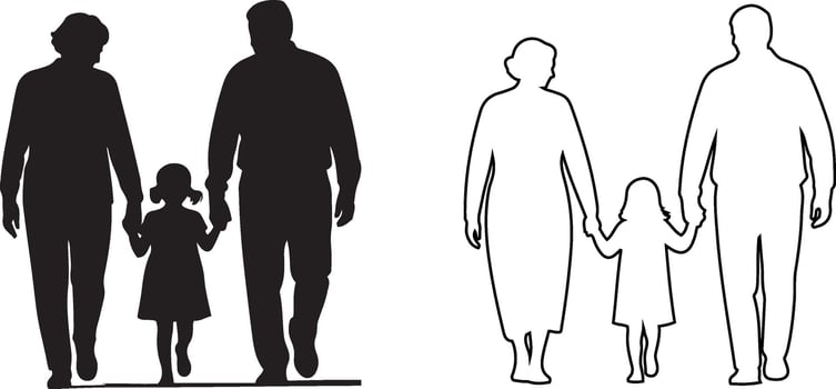Silhouette and outline of grandparents walking hand in hand with granddaughter. vector