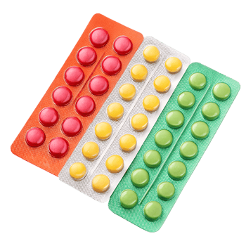 Three colorful pills in a blister pack png